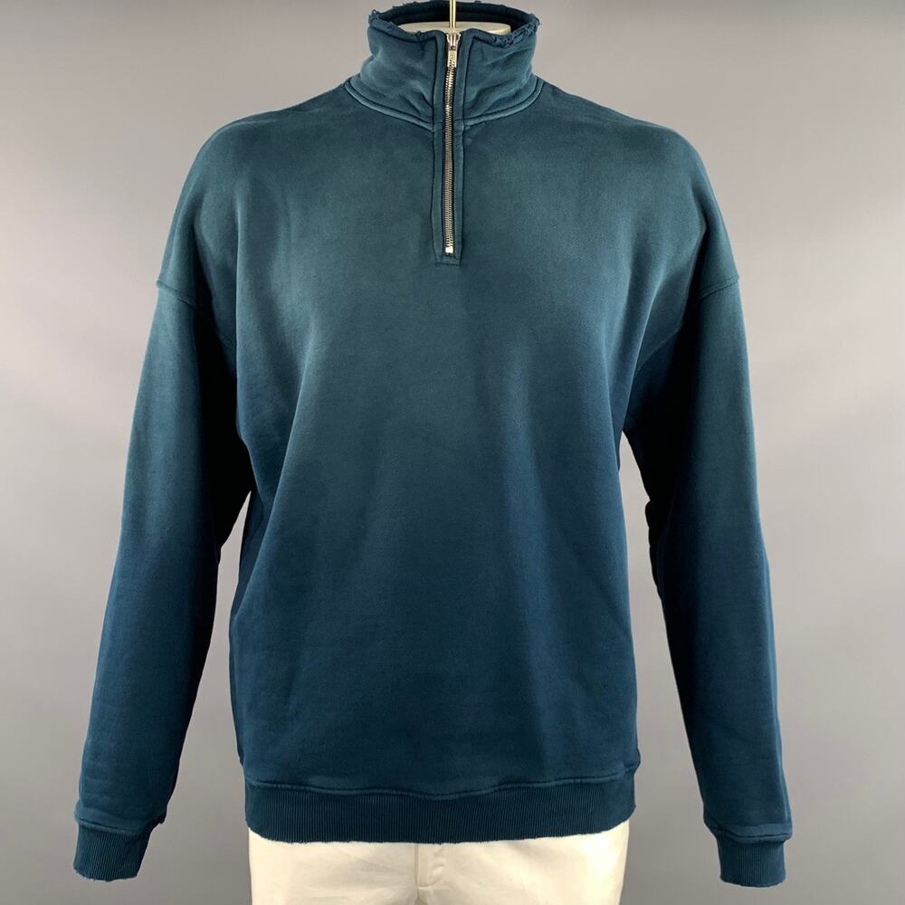STAY HUMAN ON EARTH Size L Navy Turqoise Distressed Cotton 1/4 Zip Sweatshirt
